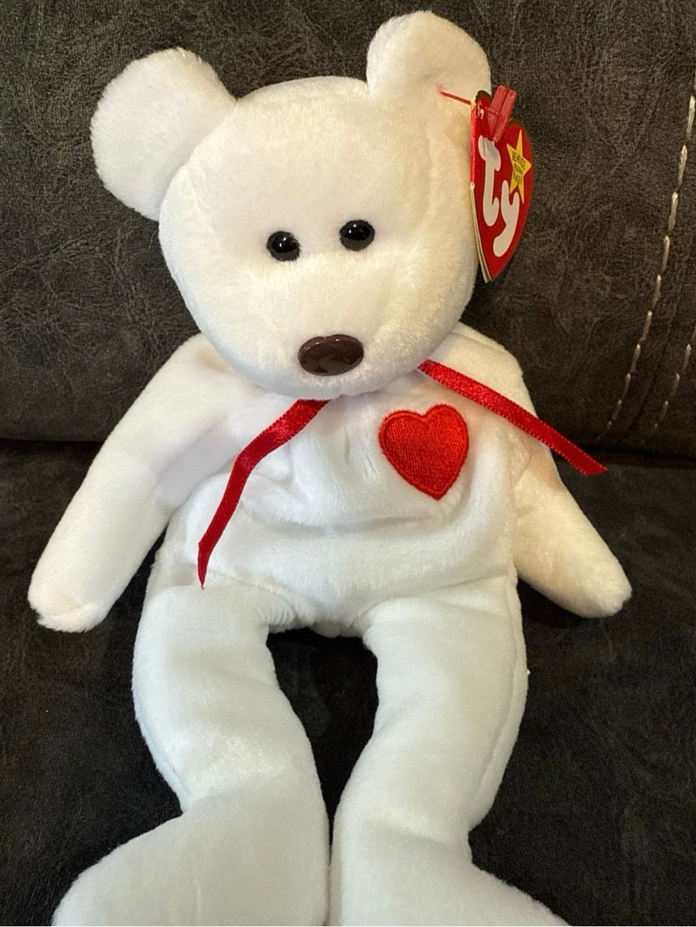 TY White Heart Bear Beanie Baby- Valentino